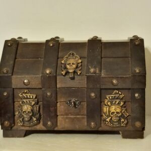 Wooden Pirate Treasure Chest with Skull Accents